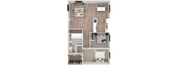 a 3d floor plan of a bedroom with a bathroom and a living room