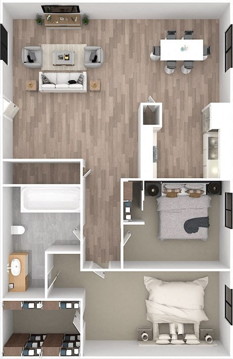 a 3d floor plan of a bedroom with a bathroom and a living room