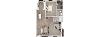 a 3d floor plan of a bedroom with a bathroom and a living room
