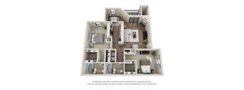 a 3d drawing of a house with a balcony and a living room