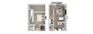 a 3d rendering of a bedroom and a bathroom with a floor plan