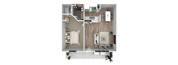 a 3d rendering of a floor plan with a bedroom and a living room