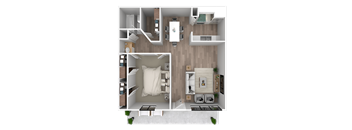 a 3d rendering of a bedroom with a bathroom and a living room