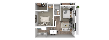 a 3d floor plan of a bedroom with a bathroom and a living room