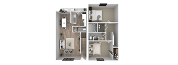 a 3d rendering of a bedroom and a bathroom floor plan