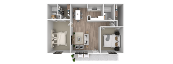 a 3d rendering of a bedroom with a bathroom and a living room