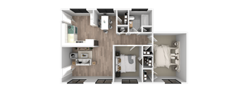 a 3d rendering of a bedroom with a bathroom and a living room