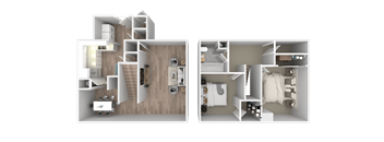 a rendering of a bedroom and a living room with a wood floor