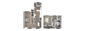 a 3d rendering of a bedroom and a floor plan of a house