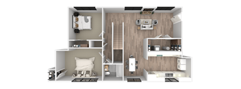 a 3d rendering of a floor plan with a bedroom and a bathroom