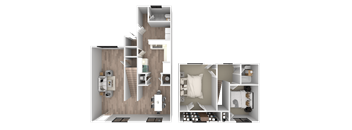 a 3d rendering of a bedroom and a floor plan of a house