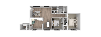 a 3d rendering of a bedroom with a bathroom and a living room