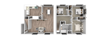 a 3d rendering of a floor plan with a bedroom and a bathroom