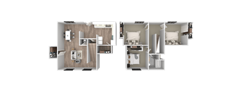 a 3d floor plan of a bedroom with a bathroom and a living room