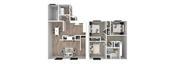 a 3d rendering of a floor plan with a bedroom and a bathroom
