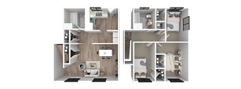 a 3d rendering of a floor plan with bedrooms and a living room