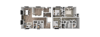 a 3d rendering of a floor plan with 3 bedrooms and a bathroom
