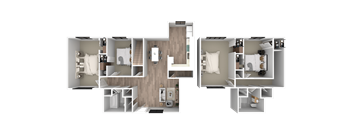 a 3d floor plan of a bedroom with a bathroom and a living room