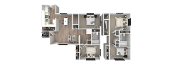 a 3d floor plan of a bedroom with a bathroom and a living room