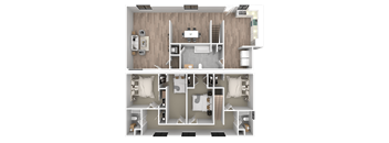 a 3d floor plan of a bedroom with a bathroom and a living room