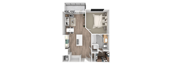 a 3d floor plan of a bedroom with a bathroom and a living room