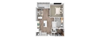 a 3d floor plan of a bedroom with a bathroom and a living room
