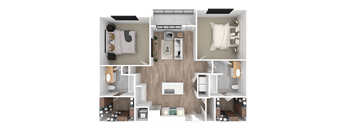 a 3d floor plan of a bedroom with a bathroom and a living room