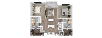 a 3d floor plan of a bedroom with a bathroom and a living room