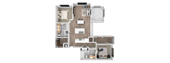 a 3d floor plan of a bedroom with a bathroom and a living room