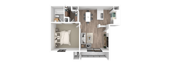 a 3d rendering of a floor plan with a bedroom and a bathroom