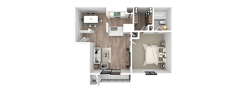 a 3d floor plan of a bedroom with a bathroom and a living room
