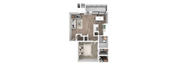 a 3d floor plan of a bedroom with a bathroom and a living room