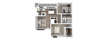 a 3d floor plan of a bedroom with a bathroom and a living room