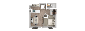 a 3d floor plan of a bedroom with a bathroom and a living room