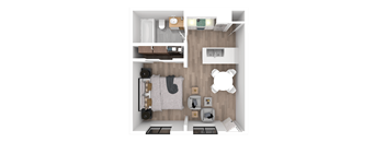 a 3d floor plan of a bedroom with a bathroom and a living room
