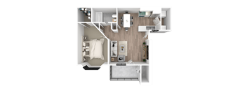 a 3d floor plan of a bedroom with a bathroom and a living room