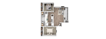 a 3d floor plan of a bedroom with a bathroom and a staircase