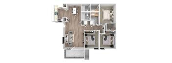 a 3d floor plan of a bedroom with a bathroom and a living room