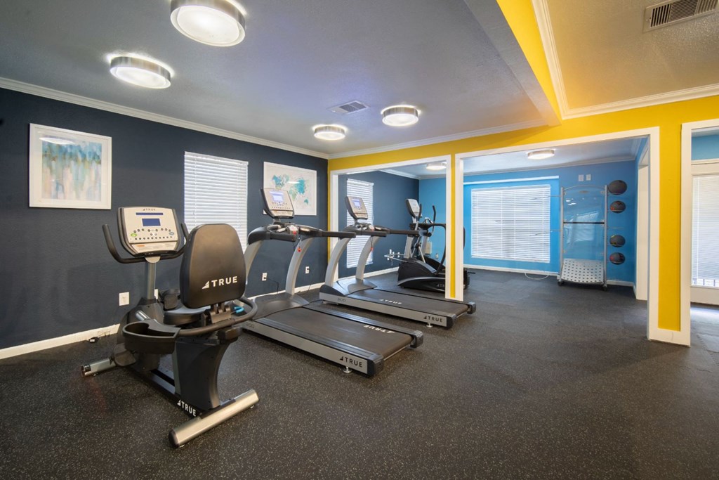 a gym with treadmills and other exercise equipment