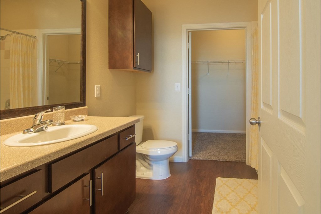 a bathroom with a toilet sink mirror and shower