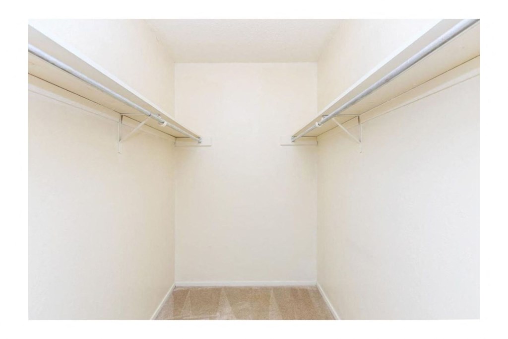 a walk in closet with white walls and a beige rug