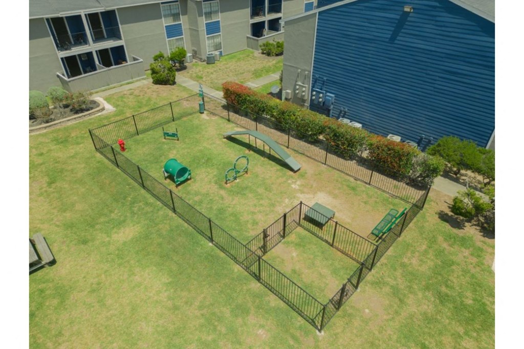a backyard with a dog kennel and a trampoline