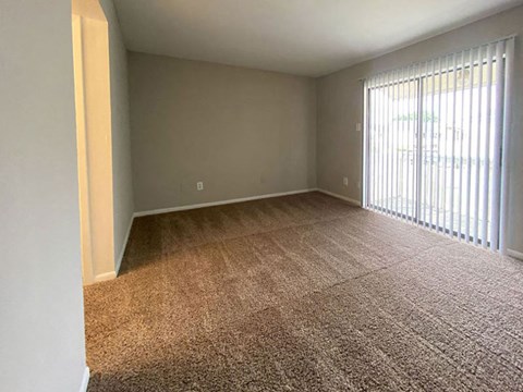 a bedroom with a large window and a carpeted floor
