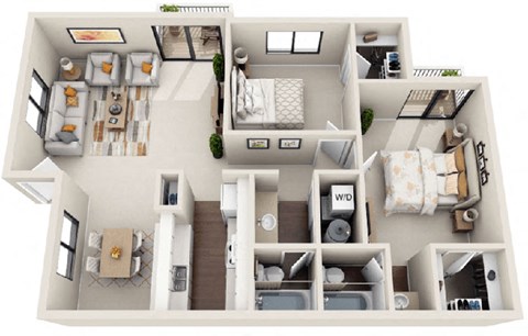 a spacious two bedroom apartment with two bathrooms and a spacious living room with a fireplace and a