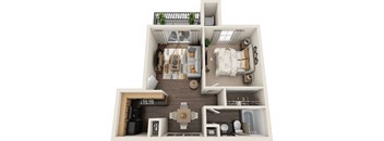 a floor plan of a one bedroom apartment with two bathrooms and a balcony