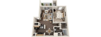 a floor plan of a one bedroom apartment with two bathrooms and a balcony