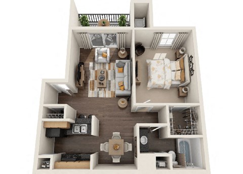 a floor plan of a one bedroom apartment with two bathrooms and a balcony
