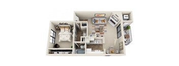 a bedroom with a bed and a sink in a room