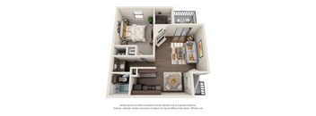 this is a 3d floor plan of a 888 square foot 1 bedroom apartment at the