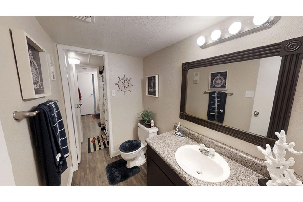 a bathroom with a toilet sink and mirror